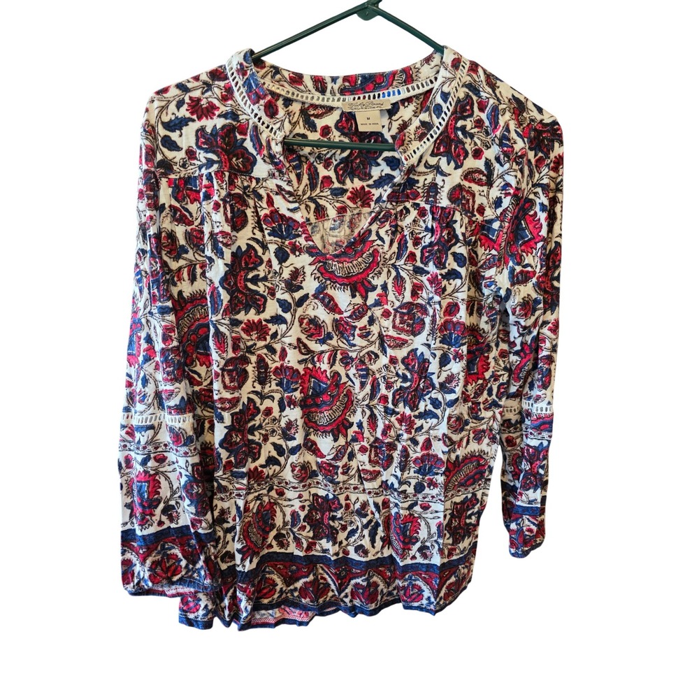 Lucky Brand Floral Long Sleeve Top Red Blue Cottagecore Coquette Blouse M Womens
